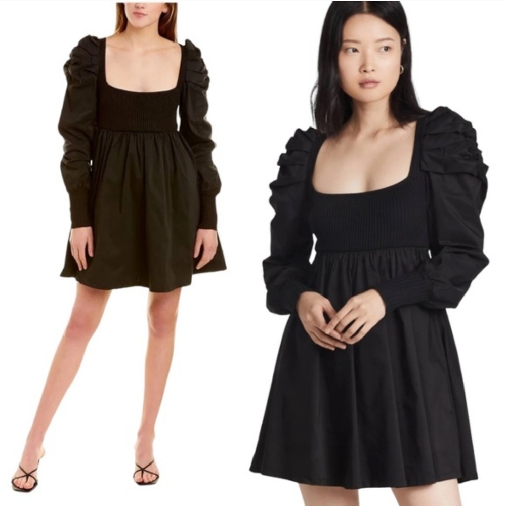En Saison Ellen Black Mixed Media Ruffled Long Sleeve Babydoll Mini Dress Med